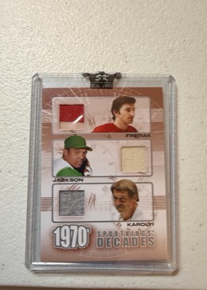 2009 Sport Kings Decades Silver Version Triple Relic (Tretiak/Jackson/Karolyi), graded 9.0